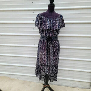NWOT M.Fasis Womens Black Floral Print Off The Shoulder Long Maxi Dress Belted L